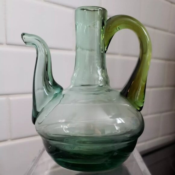Vintage Other - 🎉Host Pick🎉 Vintage Handblown Two-tone Green Glass Cruet Mini Pitcher Handle